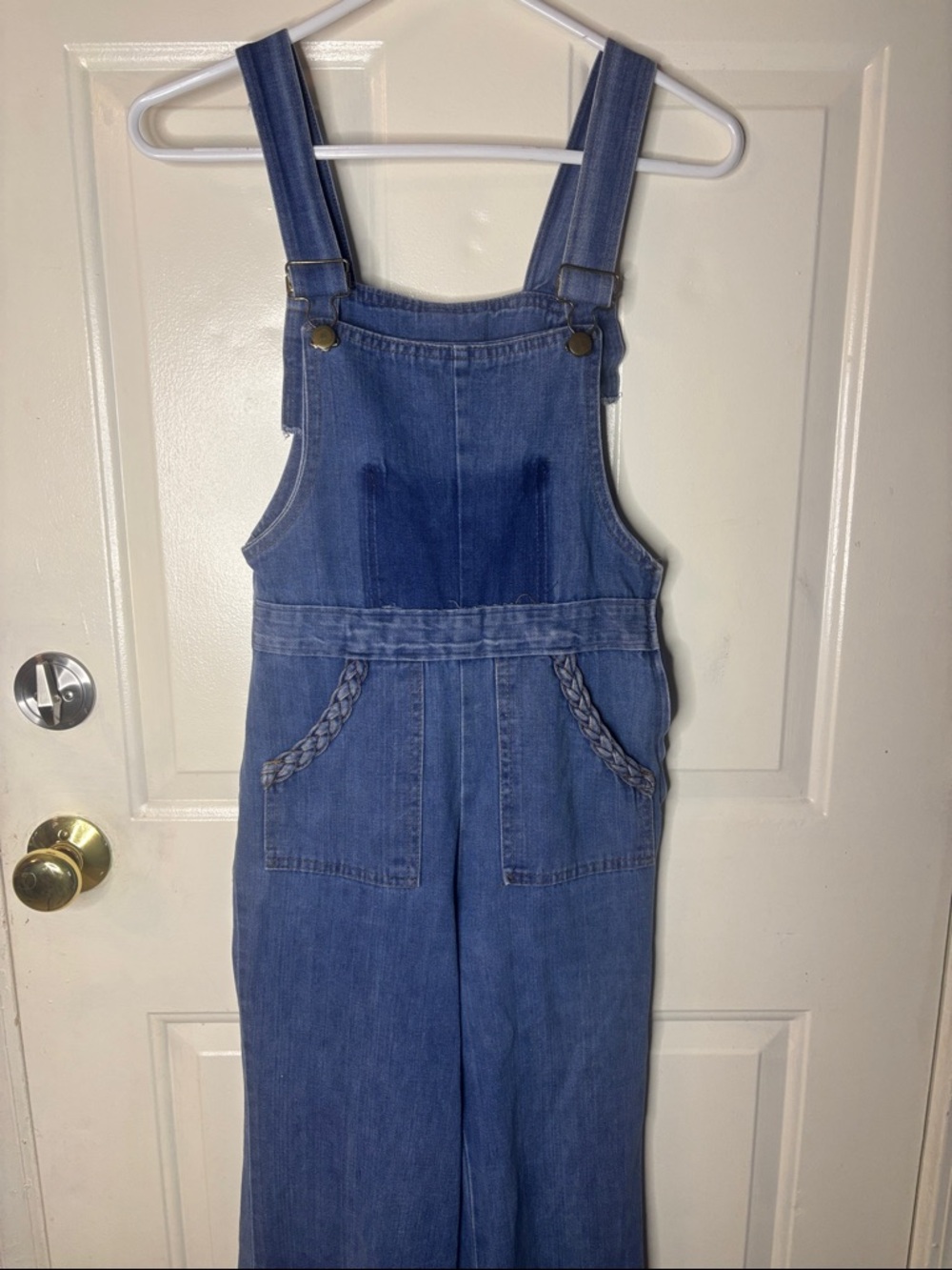 Vintage Light Wash Denim Overalls with Classic Bib Braided Pocket